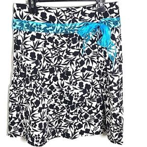 Working Girl Black & White Print Aline Skirt with Sheer Teal Belt, Size 14